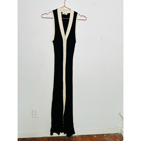 SANDRO Black White Ribbed Knit Beige Button Placket Gabriel Maxi Dress Size 38 - Picture 8 of 16